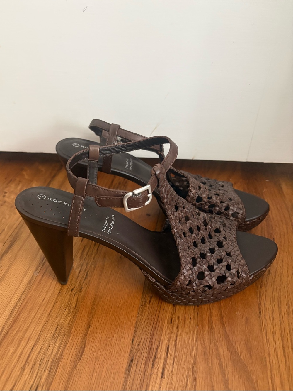 Rockport Leather Adiprene by Adidas Cushion Woven Brown Open Toe Heels 9.5